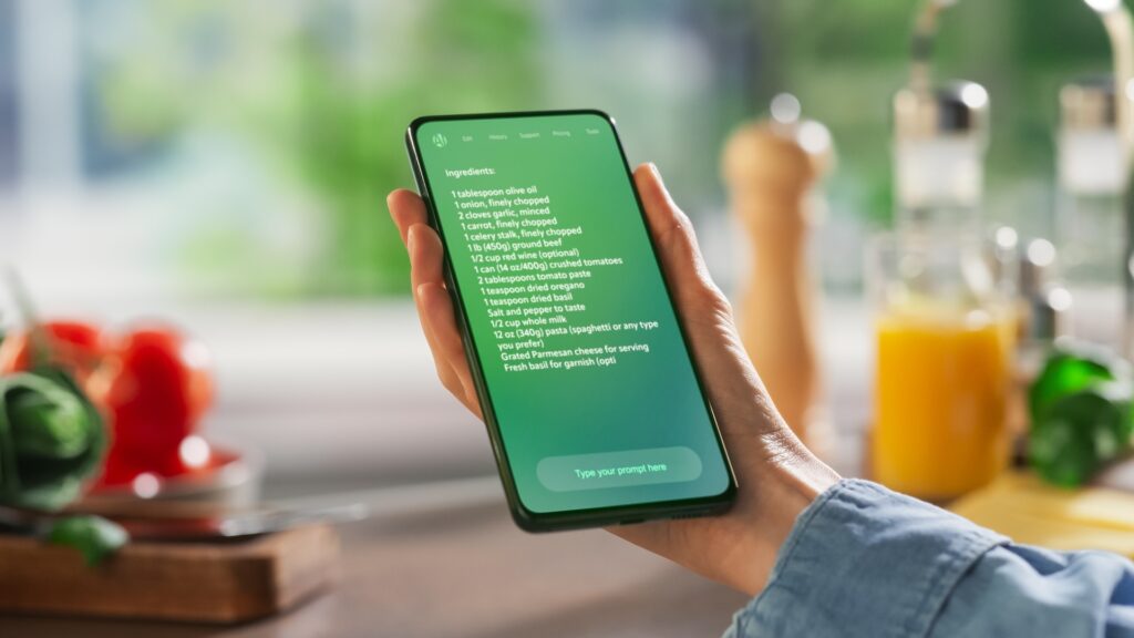 Device Shows Recipe Ingredients and Instructions, Ai Assistant Provides Culinary Guidance.