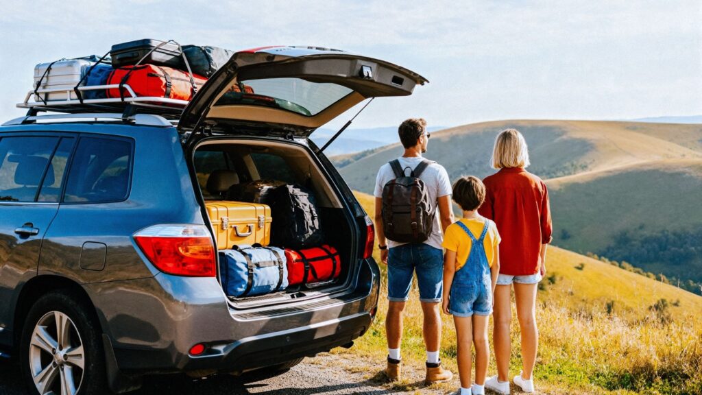 A family of three looks out over rolling hills from beside their fully loaded SUV, trunk open