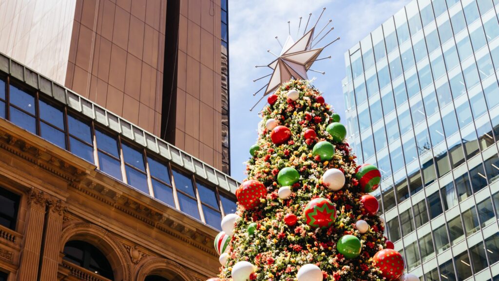 Martin Place with Christmas tree, lights and decorations
