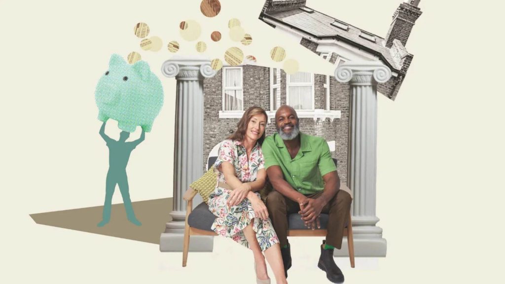 Couple sits on couch; money showering down on house.