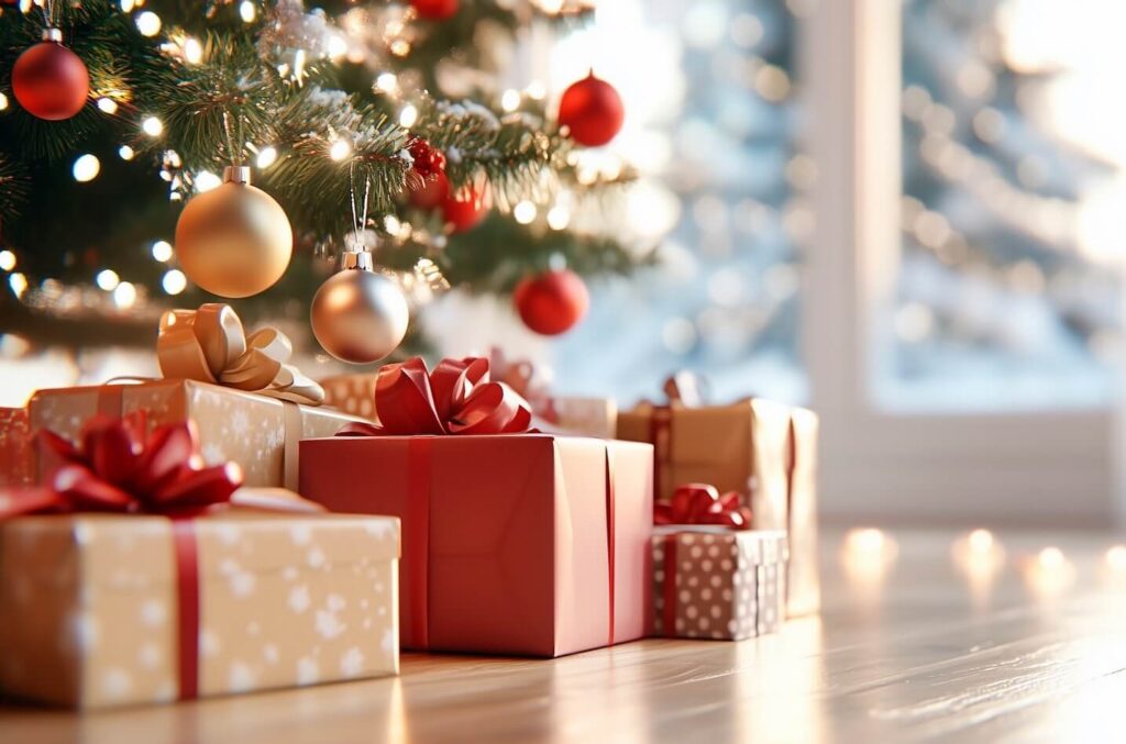 presents under a christmas tree and cozy lighting