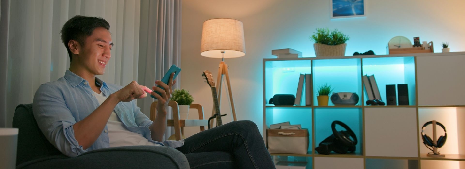 Man using smart home tech