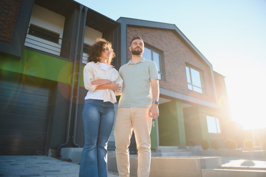 A couple standing in front of a modern brick house, smiling in the sunlight, with the man holding a set of house keys.