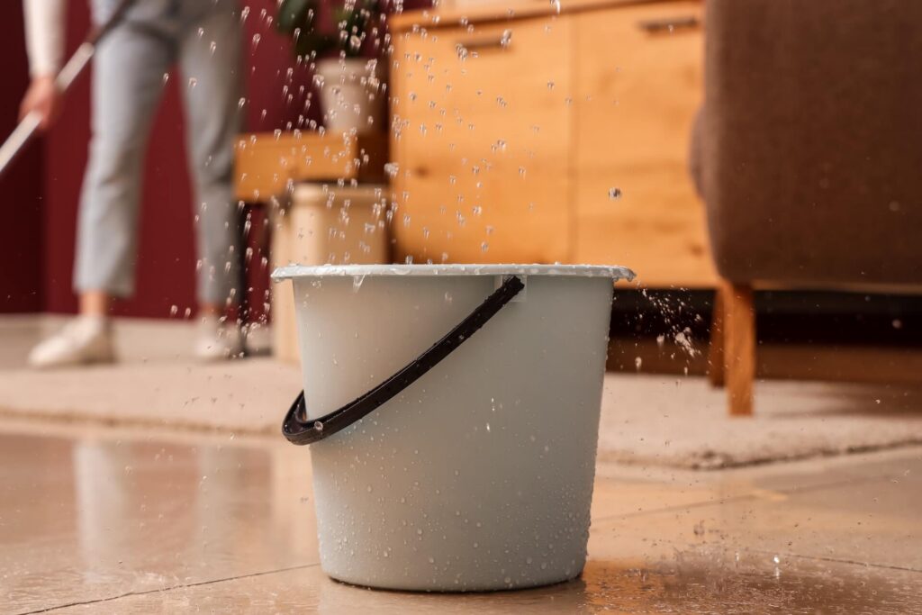 Water splashes from an overflowing bucket on a living room floor while a person cleans up in the background.