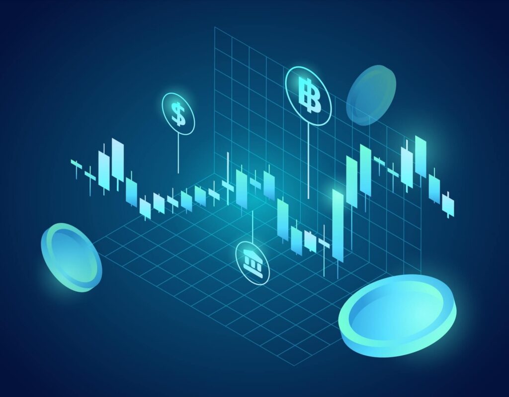 Digital trading chart with bitcoin and dollar icons on a blue background