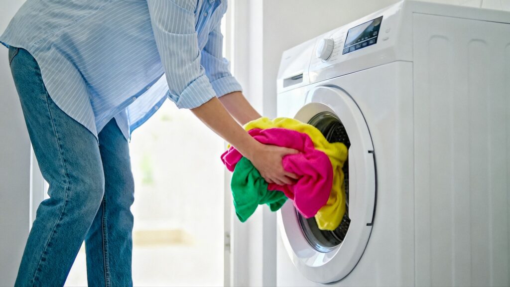 A person wearing blue jeans and a light blue shirt is putting pink, yellow, and green clothes into a white washing machine in a bright room