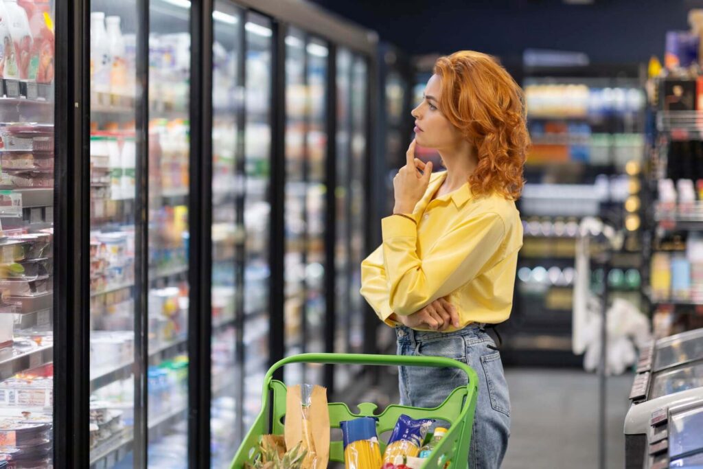 Thoughtful lady with shopping cart looking at fridge with daily products in grocery store and choosing what to buy. Woman buying groceries in supermarket.