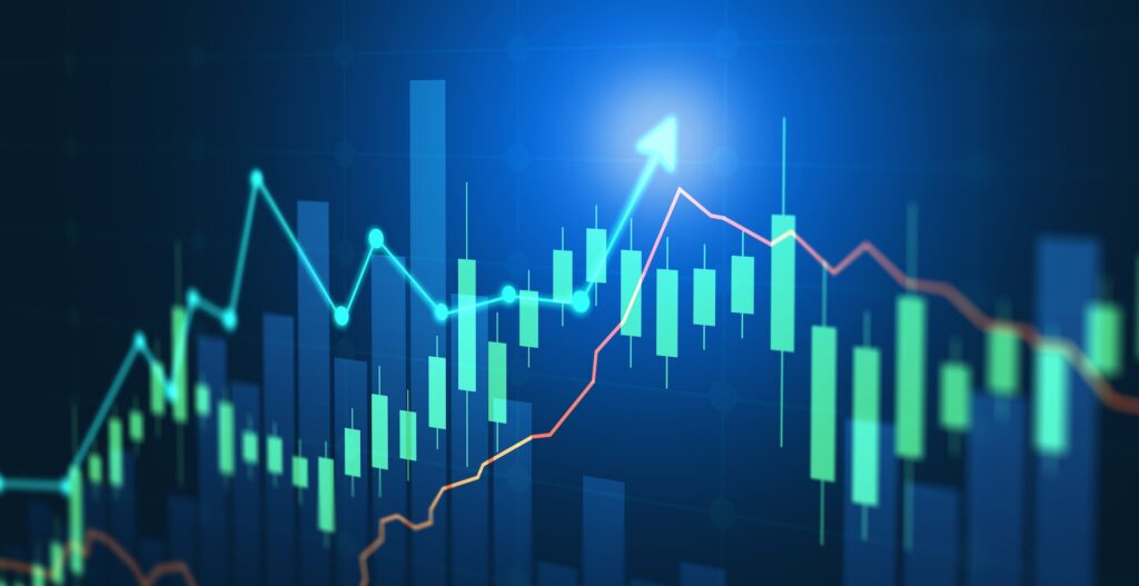Stock market chart showing business growth, financial performance, investment progress, profit and market success indicators.