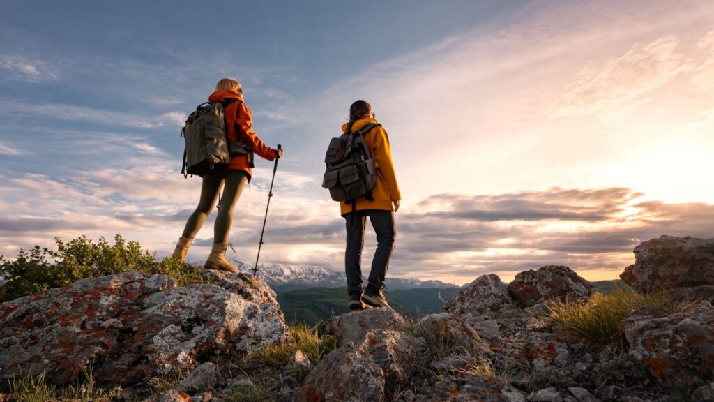 Two girl hikers with backpack stands on top of mountain and look at beautiful sunset sky, back view