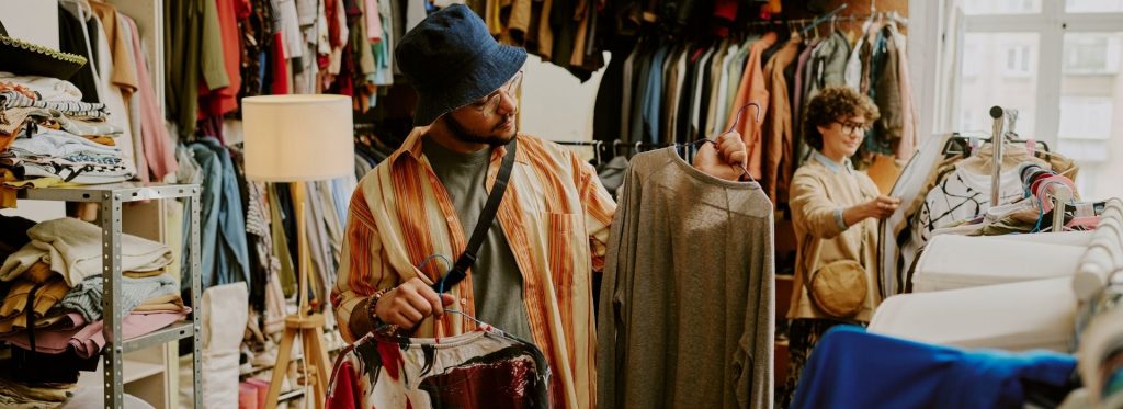 People browse clothing at a vintage shop.