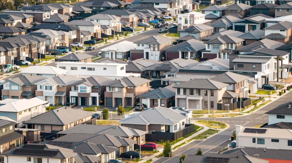 Aerial Drone View of Contemporary Australian Suburban Housing Estate