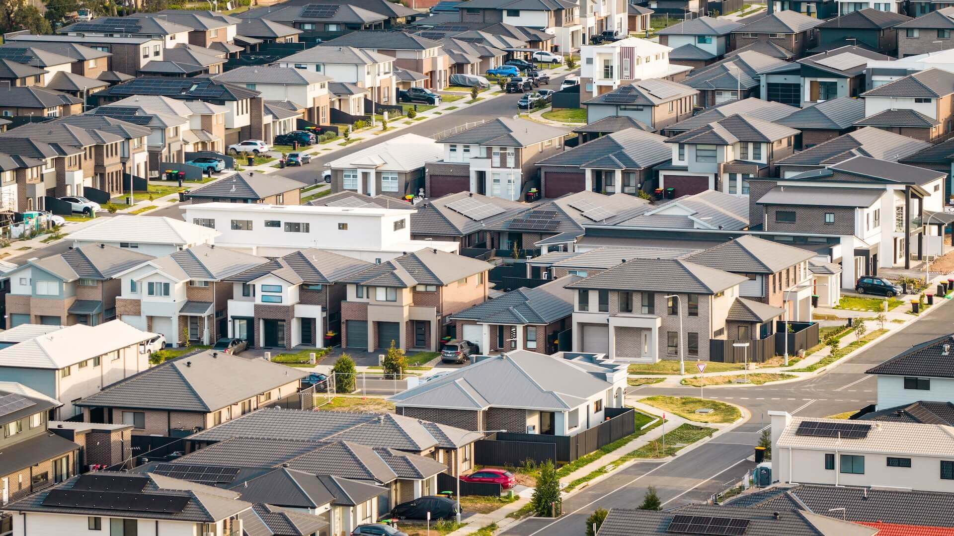 Aerial Drone View of Contemporary Australian Suburban Housing Estate