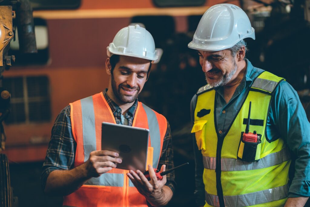professional industrial engineers in hard hats.
