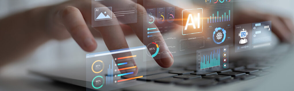 AI business intelligence icons floating above fingers typing on keyboard