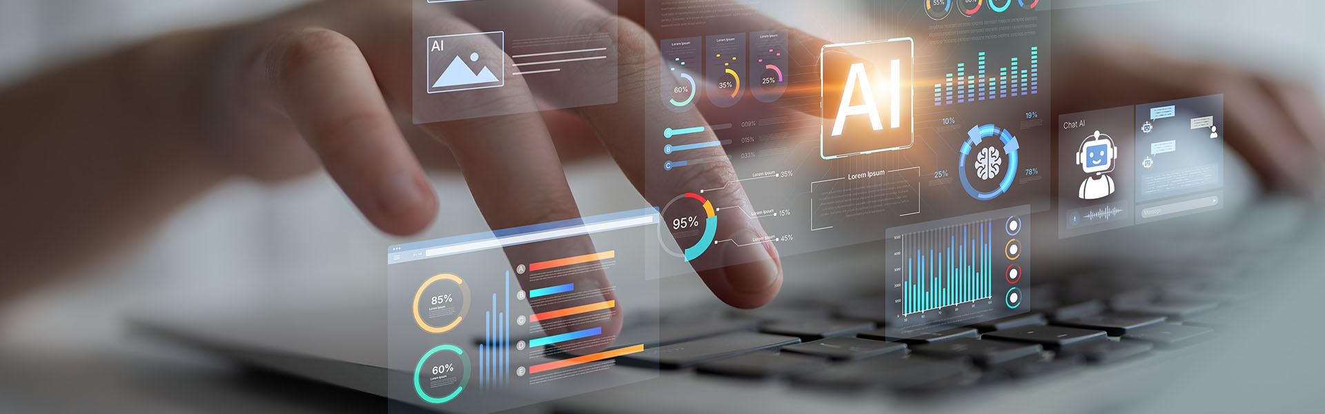 AI business intelligence icons floating above fingers typing on keyboard