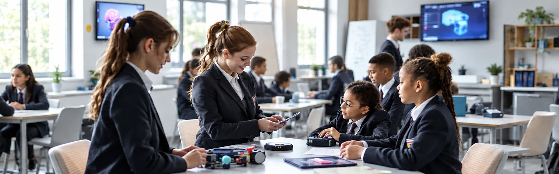 UK education classroom scene with technology