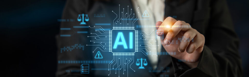 AI technology visualisation with data, warning symbols and scales to represent trust and risk for asset managers