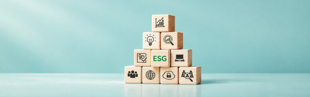 Wooden blocks with business and governance icons arranged around a central ESG block
