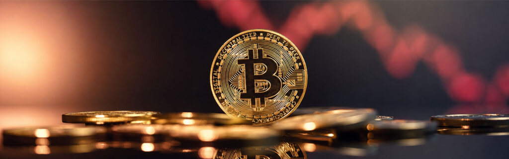 Gold Bitcoin coin against a red downward market graph