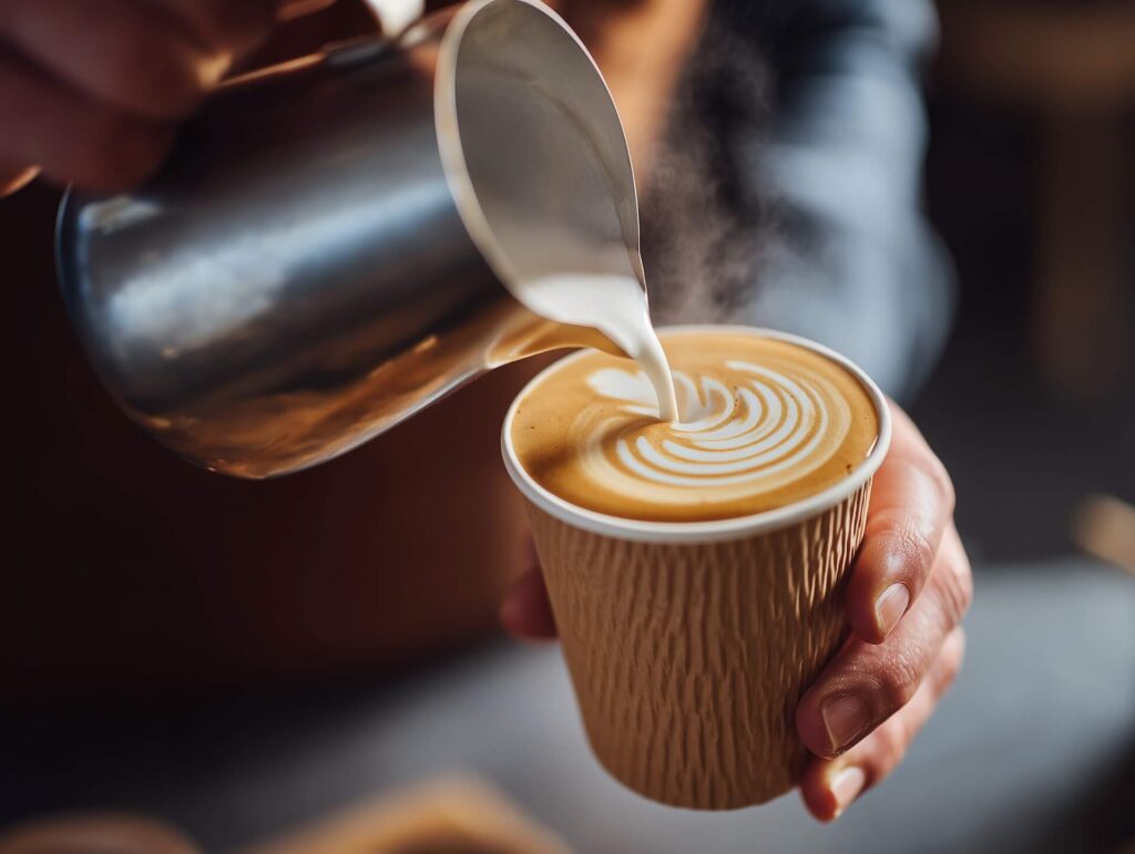 Close-up of a barista pouring steamed milk into a paper cup of latte, creating beautiful latte art