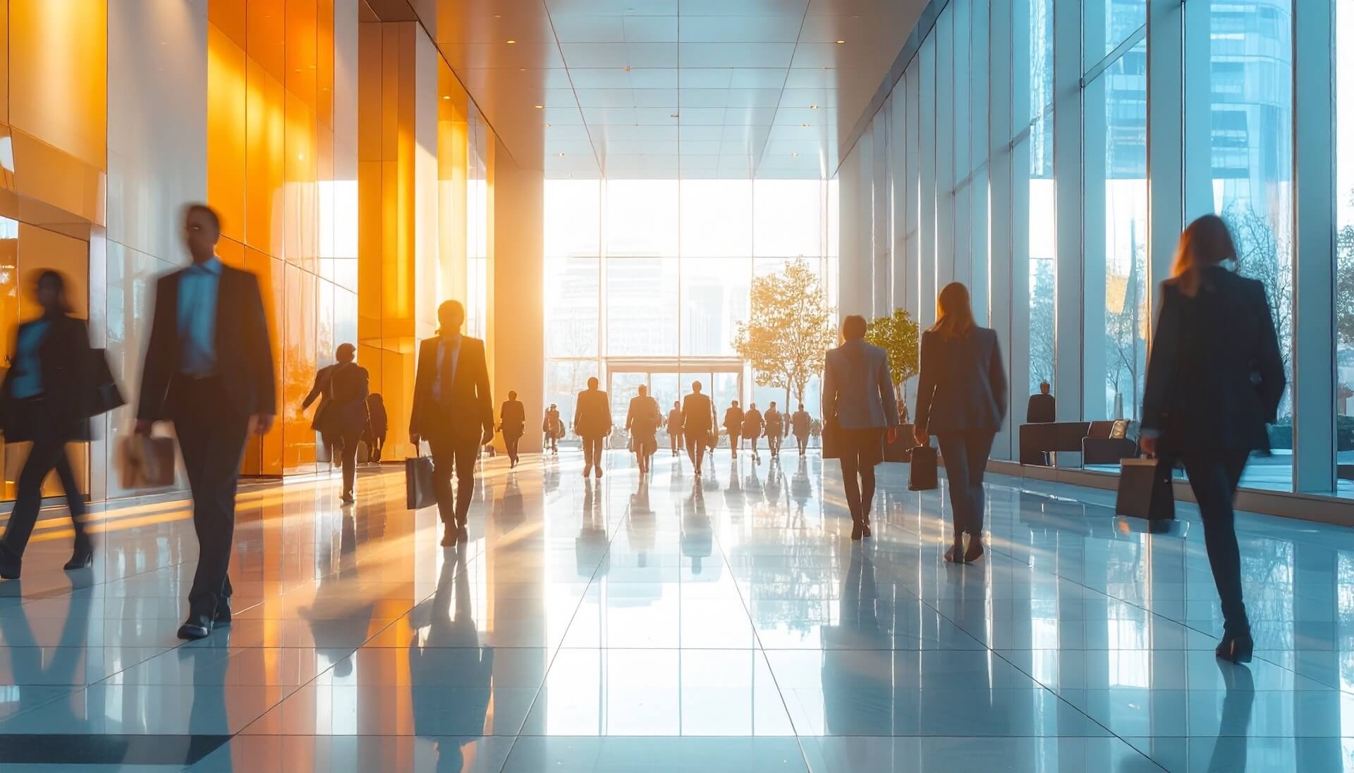 Silhouettes of business people walking through a modern, sunlit office building lobby with large windows and reflective floors.